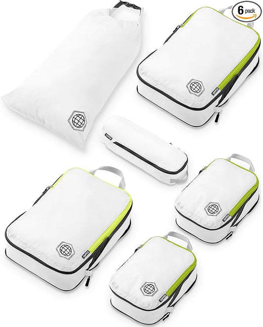 Compression Packing Cubes 6 Piece Set for Carryon Suitcases- Lightweight, Durable Clothes Organizer (White and Green)