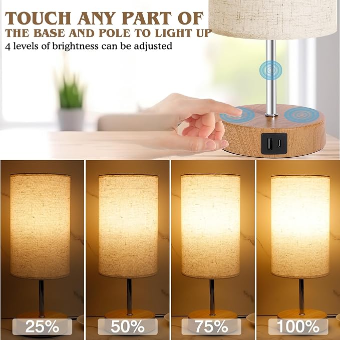 UNIFUN Touch Bedside Lamps 2 Pack, 4-Way Dimmable with USB-C Charging Port | 4-Way Touch Dimmable Control，USB-A and Type-C ports，Natural wood base paired with a soft linen fabric shade，Warm Minimalist