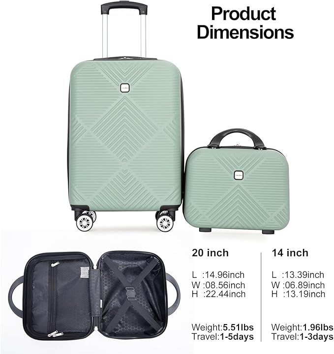 2 Piece Carry on Luggage Set, Airline Approved 20 Inch Luggage with Cosmetic Case HardShell Suitcase with Spinner Wheels, Lightweight Durable Hardside Suitcases Set, Olive Green