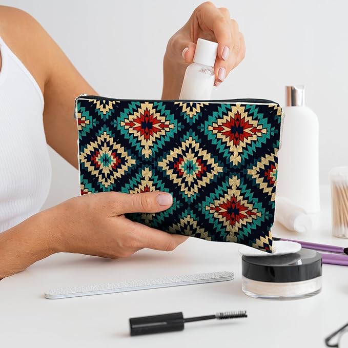 Boho Aztec Makeup Bag, Ethnic Southwestern Navajo Tribal Cosmetic Bag for Women, Western Gifts and Accessories
