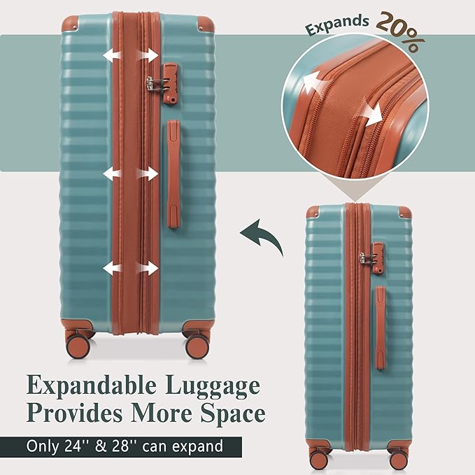 Merax Luggage Sets 3 Piece Front Opening, Hardside Lightweight Carry on Suitcase with Cup Holder USB Port,Durable Expandable Luggage with Bags Spinner Wheels and TSA Lock,Blue Green