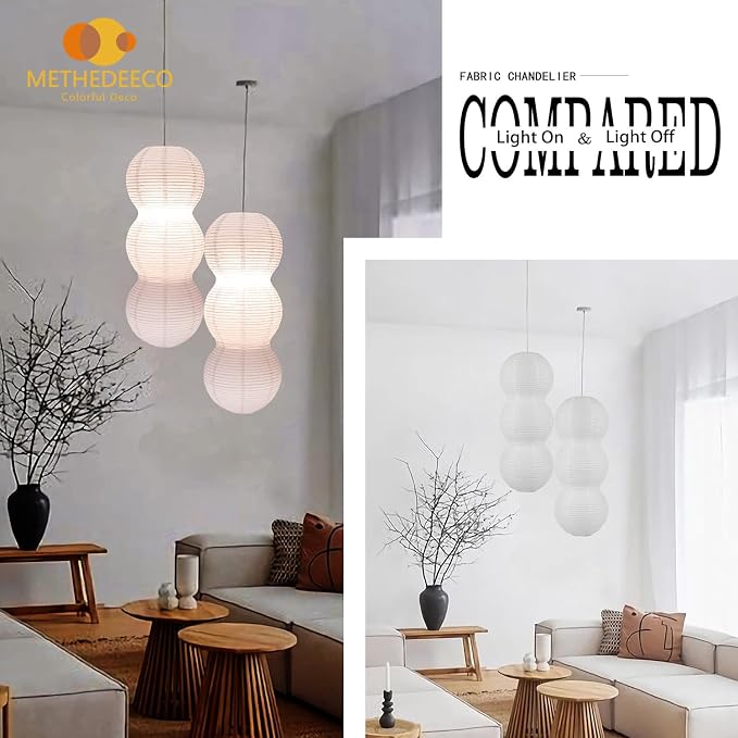 2 Pack Paper Hanging Lamp Shades, 27 Inch White | Foldable Pendant Lamp Shades, 3 Tier Handmade Rice Paper Lantern, For Japandi Boho Minimalist