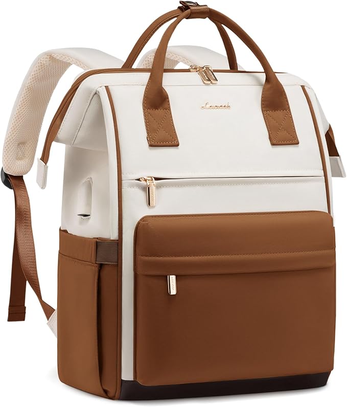 LOVEOVOOK 15.6 Inch Laptop Backpack for Women, Large Capacity Travel Backpack with USB Charging Port, Waterproof Work Backpack for Business, College, Nursing & Airline Travel,Brown White