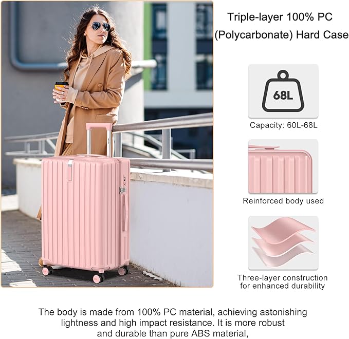 24 Inch Expandable Luggage with Wheels Checked Bag Luggage Hard Shell PC Suitcases Lightweight Travel Checked Luggage Medium Suitcase with Lock for Woman Men Travel