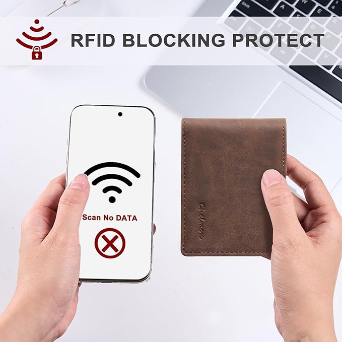 Chelmon Slim Wallet for Men ID Window with RFID Blocking Front Pocket Minimalist Bifold Bussiness Card Holder Gift for Men, CH Coffee