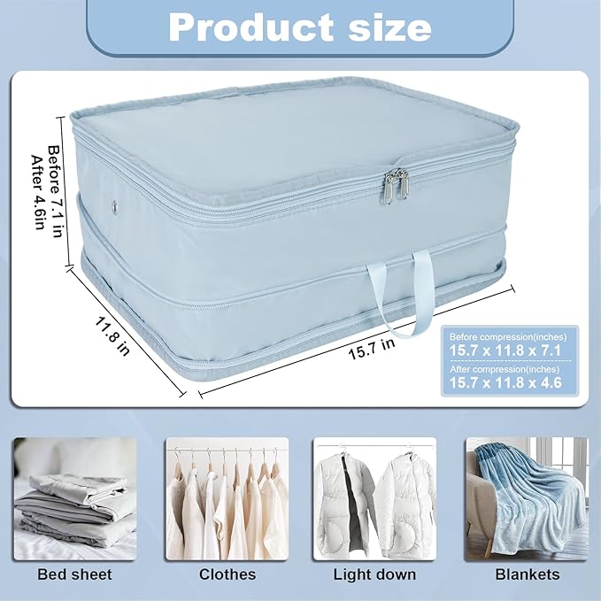 Compression Packing Cubes, 2pc Compression bags for Travel Packing Organizer, Expandable Compression Cubes for Travel, Light Blue