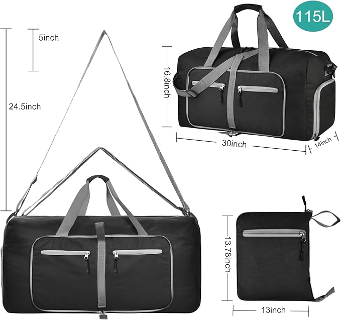 Dimayar 115L Travel Duffle Bag for Men Women - Foldable Duffel Bag with Shoes Compartment - Overnight Bags Waterproof & Tear Resistant(Black)