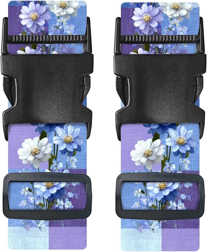 Nuxovilar Luggage Straps of 2 Set Blue & Purple Flowers Pattern, 1.96x90.5 inches - Luggage Straps for Suitcases, Nice for Travel, Weekend Trips, Vacations