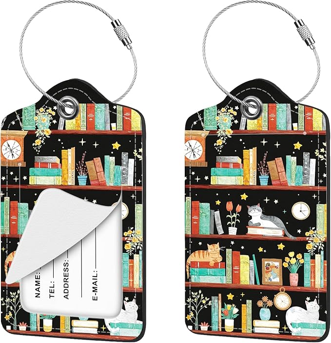 2 Pcs Cat Book Bookshelf Luggage Tag for Suitcase, Cute PU Leather Suitcase Tag Privacy Cover ID Label with Metal Loop, Personalized Baggage Identifier for Women Cruise Bag Travel Essentials
