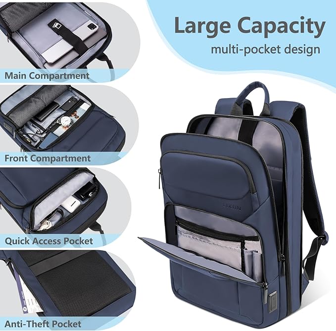 Backpack for Men Slim & Expandable Travel Laptop Backpack with USB Charging Port Water Resistant Anti-Theft Business Backpack Fits 15.6In Laptop for Commute Work College with Small Bag(Navy Blue)