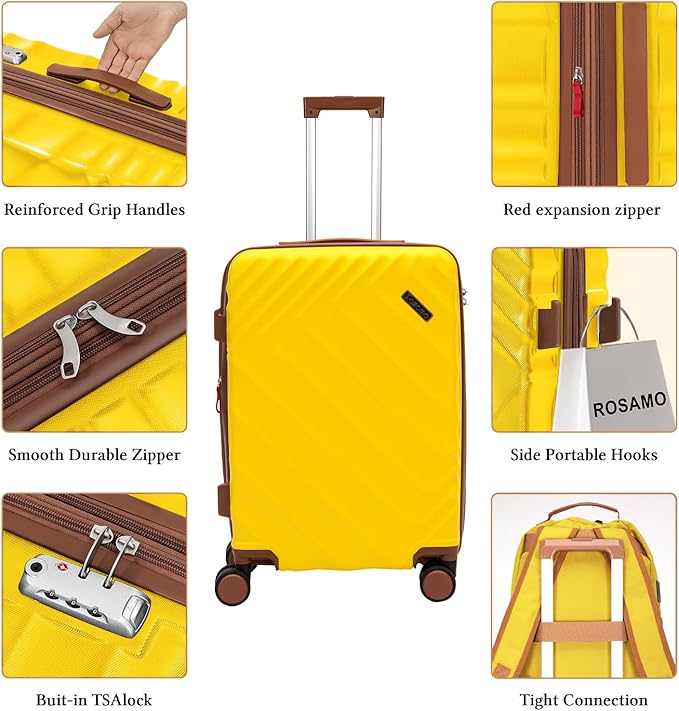 3 piece Luggage Set Expandable Suitcase 22x14x9 Airline Approved Carry on, ABS Hard Case Suitcases with Spinner Wheels, TSA Lock, (Yellow, 3 Piece Sets(20/BP/TB))