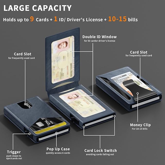 Wallet for Men Aluminum RFID Blocking-Metal Smart Pop-Up Credit Card Holder with 2 ID Windows, Holds 8-10 Cards,Bifold Security Front Pocket Wallet & Money Clip,Men's accessories (Blue)