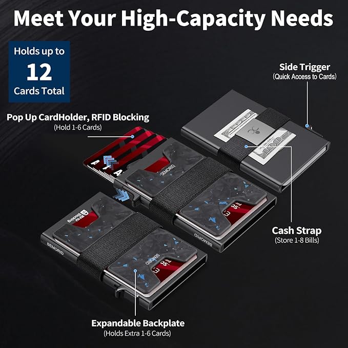 SEMORID Minimalist Wallet for Men, Slim RFID Blocking Mens Wallet, Aluminum Pop Up Card Case, Thin Metal Credit Card Holder with Cash Strap -12 Cards Storage