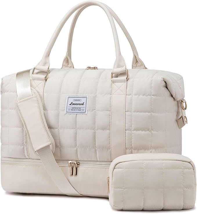 LOVEVOOK Large Duffle Bag for Travel, Puffer Weekend Bags for Women Travel Tote, Carry on Duffel Bag for Airplanes, 18 Inch Personal Item Bag Gym Bag Women, Beige