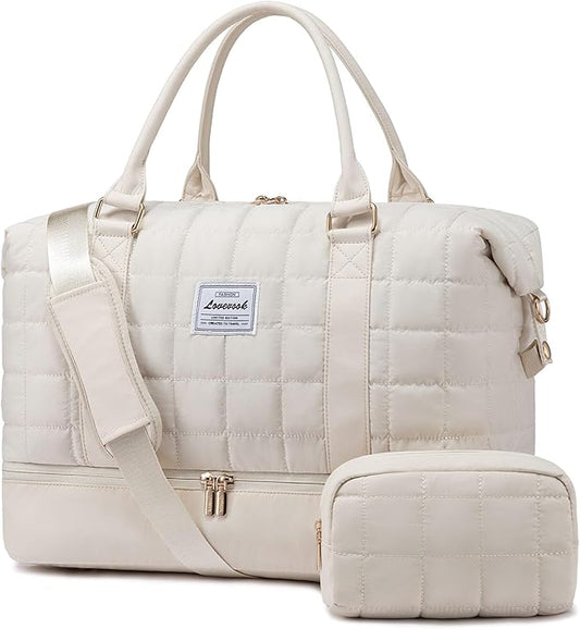 LOVEVOOK Large Duffle Bag for Travel, Puffer Weekend Bags for Women Travel Tote, Carry on Duffel Bag for Airplanes, 18 Inch Personal Item Bag Gym Bag Women, Beige