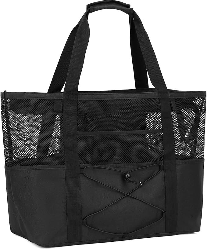 Fammart Mesh Beach Bag, Large Beach Tote with Zipper Pocket, Toys Pool Bag for Family Travel Vacation Cruise Essentials