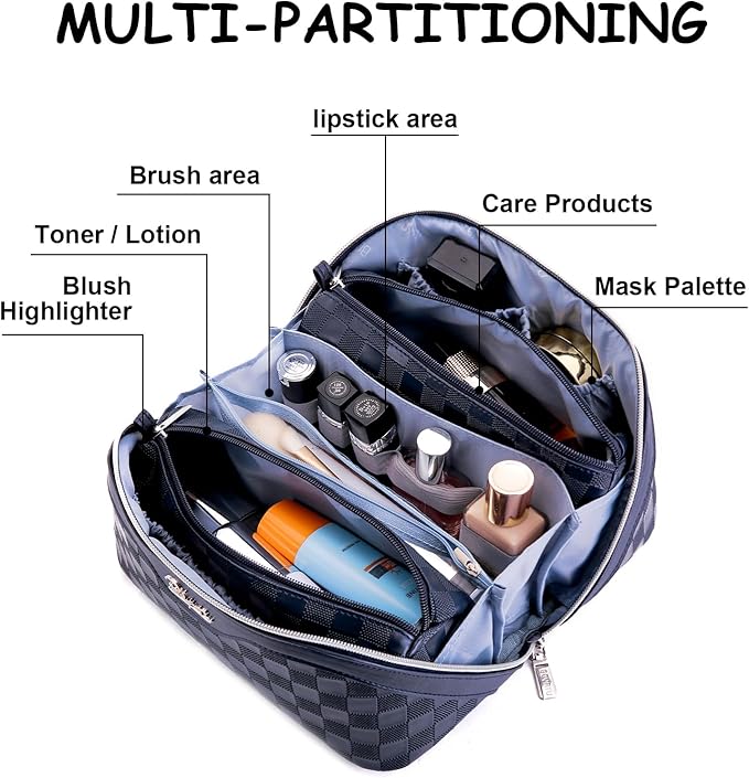 BOYATU Travel Makeup Bag Organizer: 3 Pcs Set Large Capacity Cosmetic Bags Holds 10–20 100ml Full-Size Bottles - 180°Open-Flat Make up Case 3-sec touch-up - Toiletry Bag Gift women (03-A-Dark Blue)
