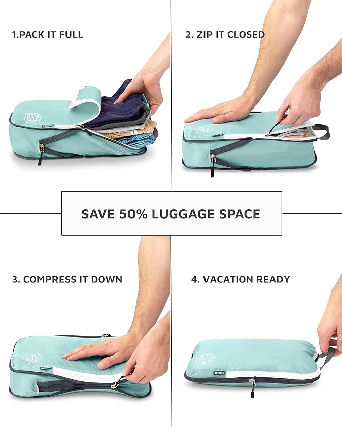 Extra Large Compression Packing Cube 6 Piece Set for Travel and Check Luggage by TRIPPED Travel Gear