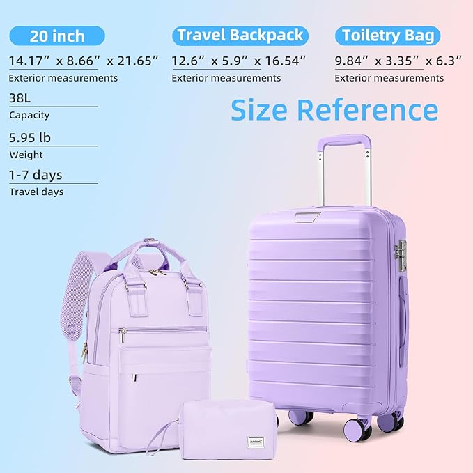 LARVENDER Luggage Sets 3 Piece, Hardside PP Carry On Suitcase with 360° Spinner Wheels TSA Lock Luggage Sets for Women, Lavender