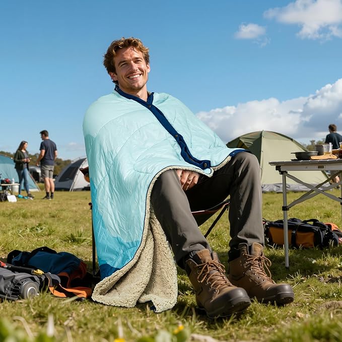 Outdoor Camping Blanket - Puffy Camping Blanket Packable,Sherpa Fleece Warm Blanket for Camping, Outdoors, Travel, Stadium, Festivals, Beach, Hammock 56"x 78" Machine Washable, DWR, Lightweight