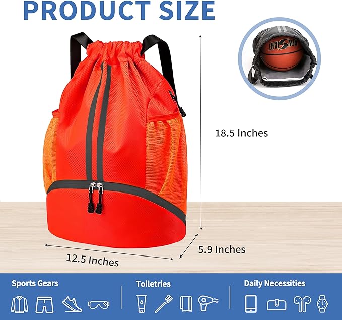 Drawstring Backpack Gym Bag with Shoes Compartment for Soccer, Basketball, Swim, Water-Resistant String Backpack Beach Cinch for Women Men, Red