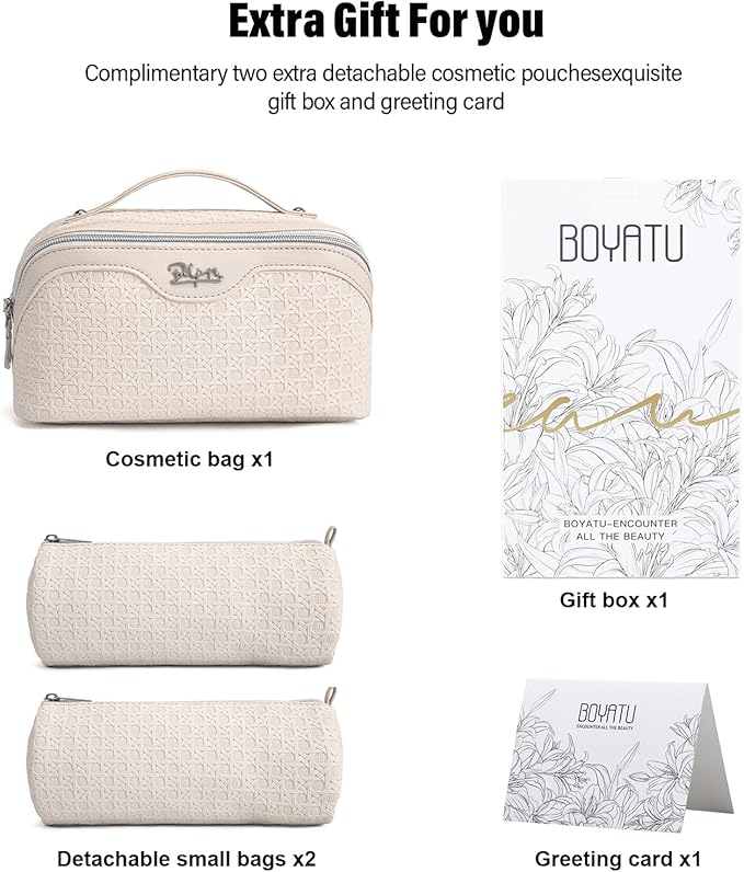 BOYATU Travel Makeup Bag Cosmetic Bags for Women: Large Capacity 3 Pcs Set Make up Bag with Compartments - Waterproof Vegan Leather Toiletry Organizer Bags with Handle (M-72Off-white)