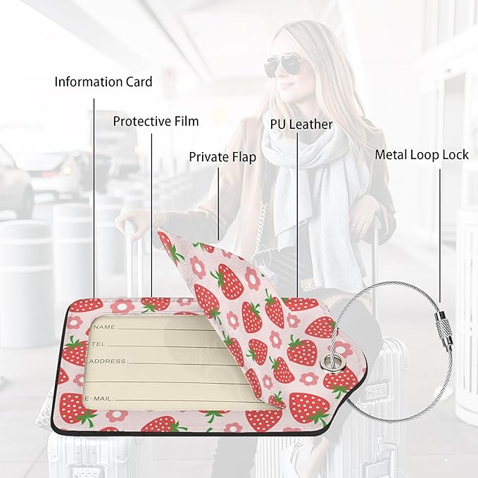 2 Pack Luggage Tags for suitcases Pink Strawberry Fruit TSA Approved Label Luggage Tag Baggage Tag Leather Stainless Steel Loop Label Tag for Men Women Travel Bag Suitcase