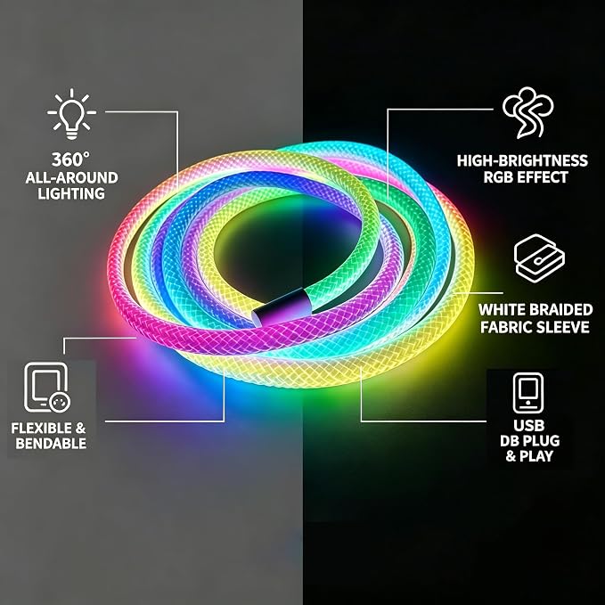 LED Neon Rope Light, RGBCW Color, USB 5V, 360-Degree Luminous, Waterproof IP67, Flexible Nylon, Indoor Outdoor Decoration (9.84ft)