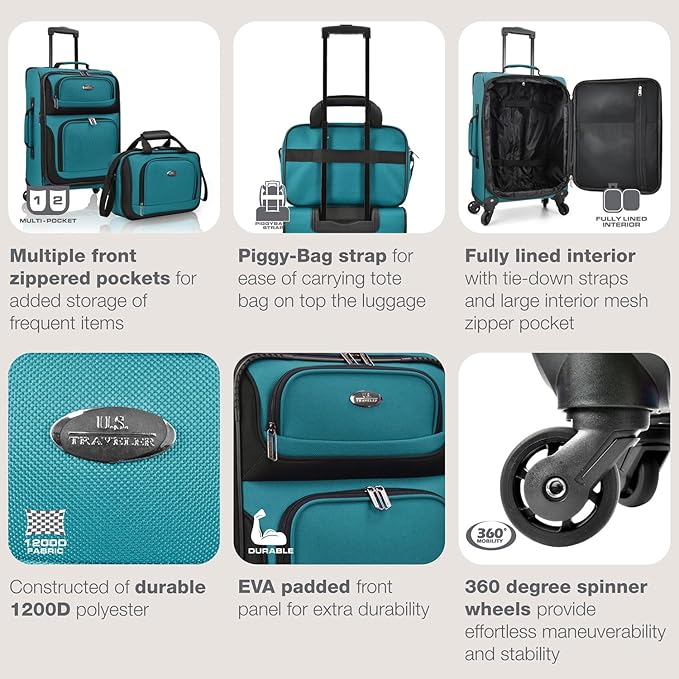 U.S. Traveler Rio Lightweight Softside Rolling Carry-on Suitcase, 4-Wheel Set, Teal
