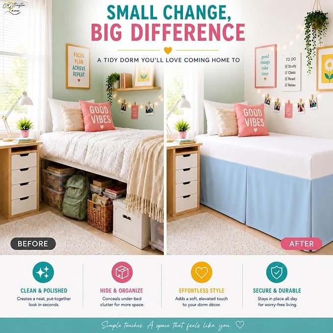 Cottington Lane Tailored Box Pleated College Dorm Bed Skirt Twin XL, Hotel Quality Premium Brushed Microfiber Extra Long Bedskirt Twin XL 25 Inch Drop, Light Blue Dorm Bedding