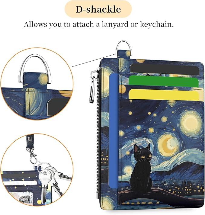 Hancynir Slim Wallet Women Credit Card Holder Black Cat Starry Night RFID Small Mini Card Case Front Pocket PU Leather Thin Travel Zipper Coin Cash ID Window Girls Wallet Gifts