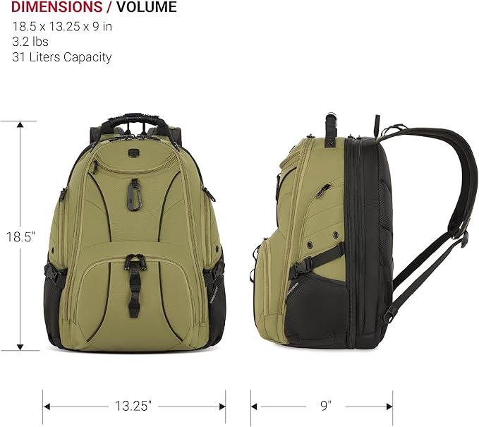 SWISSGEAR 1900 ScanSmart TSA Laptop Backpack Fits 17 Inch Laptop with RFID Protection and Tablet Pocket, Olive Branch, 19-Inch