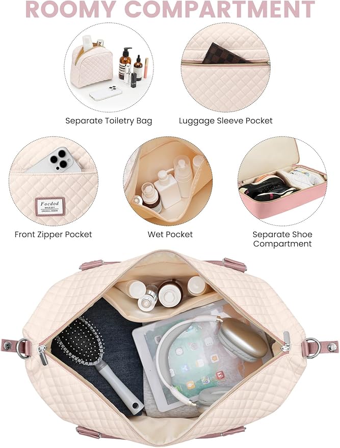 Travel Weekender Duffle Bags for Women: Overnight Bags with Shoe Compartment Large Carry on Weekend Bag with Toiletry Bag & Wet Pocket Tote Duffel Hospital Bag for Women Labor Delivery Beige Pink