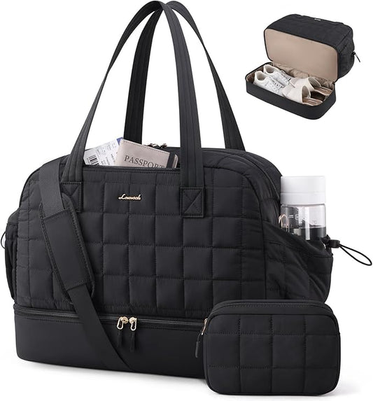 LOVEVOOK Large Travel Duffle Bag, Women's Weekender & Overnight Bag with Shoe Compartment, Airplane Carry On, Machine Washable, Lightweight, Utility Style, Black