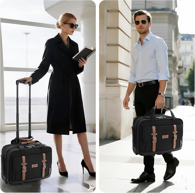 Rolling Laptop Bag, Briefcase for Men and Women, 16 Inch Computer Bag with Wheels Underseat Carry on Luggage, Laptop Briefcase Case for Work, Travel, College Teacher, Mobile Office Bag, Brown