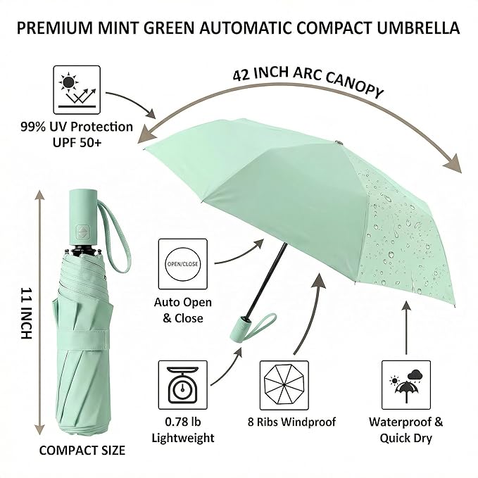 BAODINI Small UV Protection Travel Umbrella Compact for Rain and Sun UPF 50+ Windproof Portable 42 inch Umbrella for Women and Men