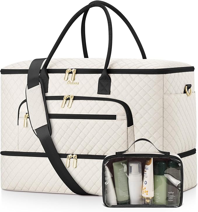 Travel Duffle Bag, Wide Open Large Weekender Bag for Women with Shoe Compartment, Carry on Overnight Bags with Toiletry Bag, Hospital Bag for Women Labor Delivery with Wet Pocket (Beige Black)
