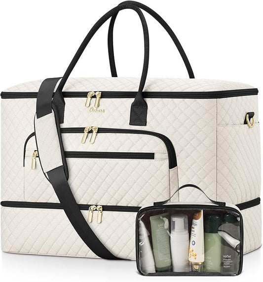Travel Duffle Bag, Wide Open Large Weekender Bag for Women with Shoe Compartment, Carry on Overnight Bags with Toiletry Bag, Hospital Bag for Women Labor Delivery with Wet Pocket (Beige Black)