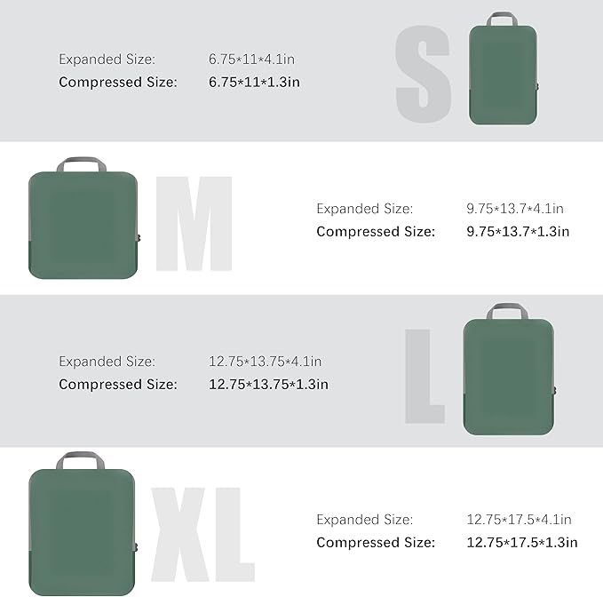 4 Set Compression Packing Cubes Travel - Travel Accessories Expandable Packing Organizers for Carry On - Essentials Luggage Bags - Green