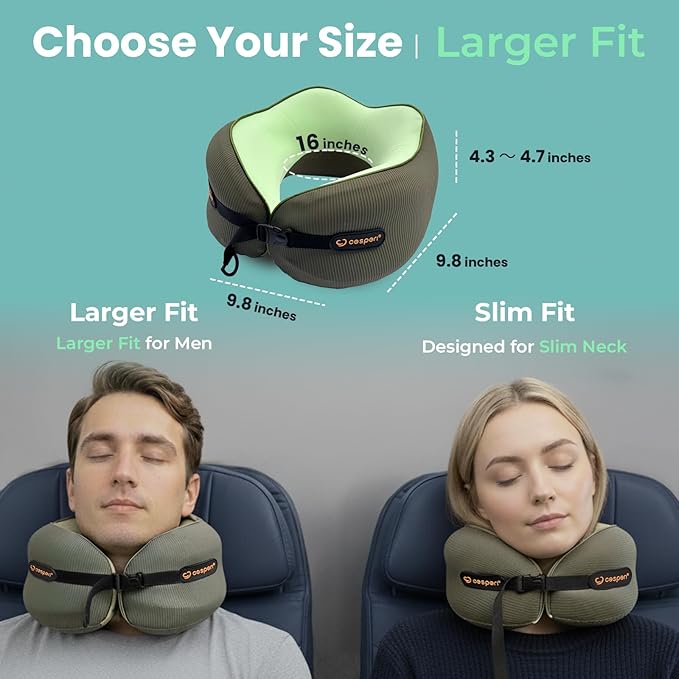 Cesperi® Travel Neck Pillow for Airplanes, Ergonomic Design, Airplane Neck Pillow with Memory Foam, Travel Essentials for Flights, Car Rides, and Home Rest, Large (Avocado Green)