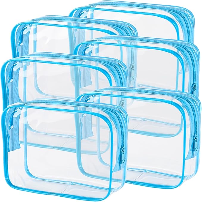 6 Pieces Large Clear Makeup Bags Bulk TSA Approved Toiletry Bag for Travel Transparent PVC Clear Cosmetic Pouch with Zipper, Waterproof Plastic Organizer Case for Carry-on Travel Essentials (Blue)