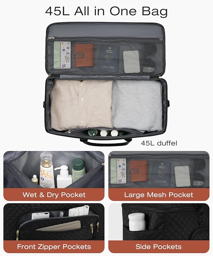 Travel Duffle Bag, Wide Open Large Weekender Bag for Women with Shoe Compartment, Carry on Overnight Bags with Toiletry Bag, Hospital Bag for Women Labor Delivery with Wet Pocket (Black)