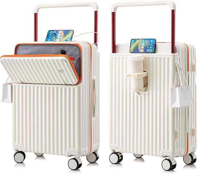 20 Inch Carry On Luggage with Spinner Wheels,PC Hard Shell Suitcase with USB Port,Lightweight Travel Luggage Airline Approved for Men Women, White