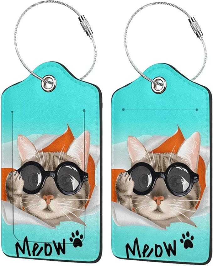 2 Pack Cute Cat Luggage Tags for Kids Girls Women Travel Funny Animal with Sunglasses Print on PU Leather Bag Tags Accessories Privacy Cover ID Label with Stainless Steel Loop for Backpack Suitcase