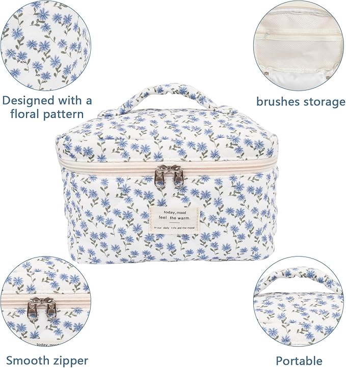Large Makeup Bag, Cute Cosmetic Bag for Women Girls, Floral Coquette Aesthetic Toiletry Bag, Travel Make Up Organizer Bag (Blue Peacock Flower)