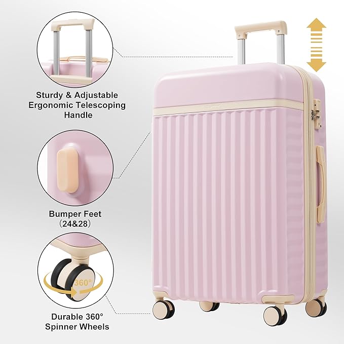 Merax Luggage Sets Front Opening, 2 Piece Hardshell Suitcase with Spinner Wheels and Bags,Lightweight Carry on Luggage with USB Port,20+24,Pink