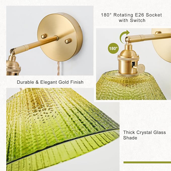 Plug in Wall Sconce, Vintage Sconce Light with Gradient Green Glass Lampshade, Bedside Wall Sconce with Switch and Plug in Wall Lamp Cord, Gold Wall Light for Bedroom