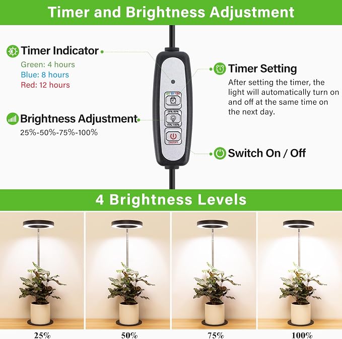 LORDEM Grow Light, Full Spectrum LED Desk Lamp for Plants | Dimmable Brightness, Auto Timer 4/8/12H, Height Adjustable 9.8"-30.6", Full Spectrum 380nm-780nm, Ideal for Desk