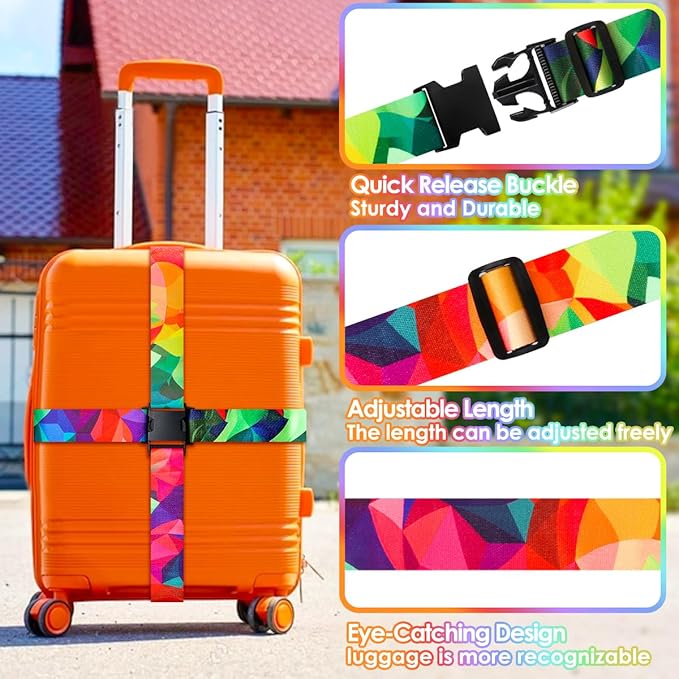 Gutsdoor Luggage Straps for Suitcases Adjustable Travel Belt, Connector Holds Suitcase Bright Colorful Identifiers Travel Bag Accessories (Colorful Geometry)