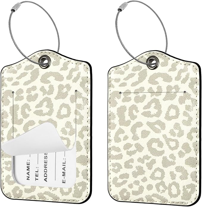 Seorsok 2 PCS Luggage Travel Tags for Suitcases,Cute Grey Leopard PU Leather Name Tag with Privacy Cover&ID Label Address Card and Durable Metal Ring Suitable for Men Women Handbags Backpack,Grey